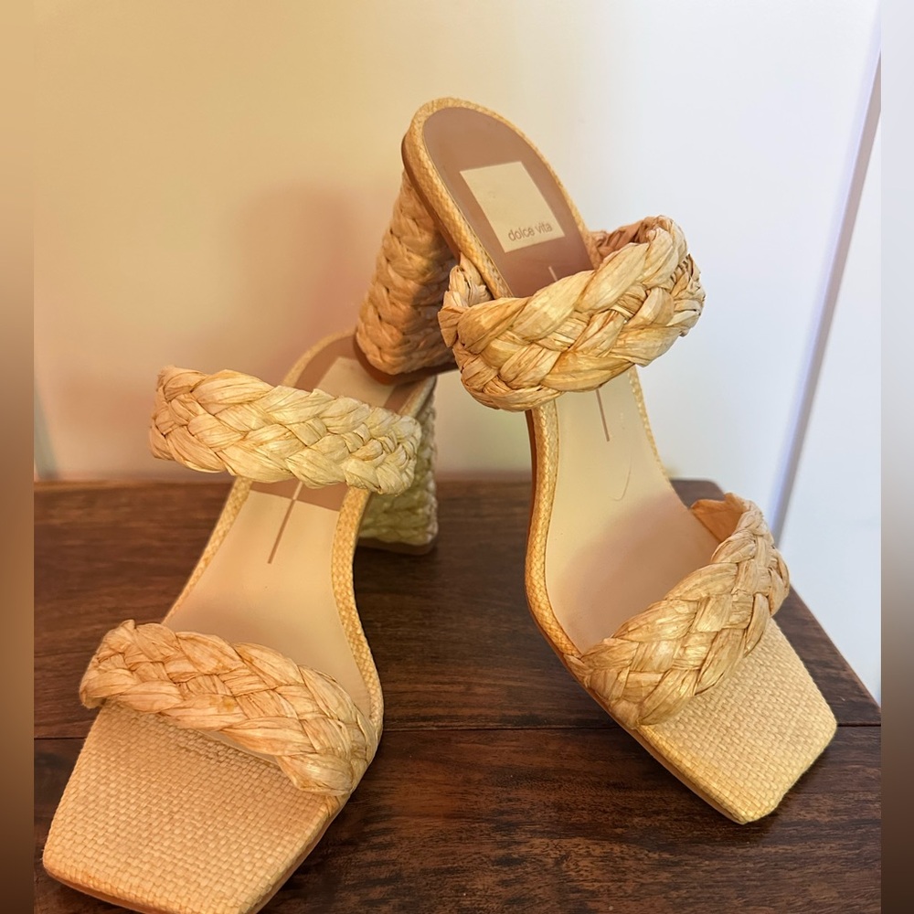 Dolce Vita raffia slide sandals, size 8.5 wide.  Double braided raffia strap.